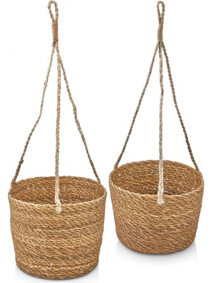 Frefly Store Deconox 2'li Asılabilir El Yapımı ve Doğal Yuvarlak Hasır Saksılık Seti, 2'li Ipli Asılabilir Hasır Yuvarlak Saksı Seti (23CM*18CM-20CM*15CM)