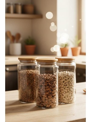 Frefly Store Atbyhome Plus - 3'lü Cam Saklama Kabı 1300ML Vakumlu Bambu Kapaklı