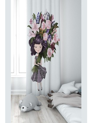 Frefly Store Pelangi Beyaz Prenses ve Çiçek Desenli Dijital Baskı Yıkanabilir Bebek Çocuk Odası Fon Perdesi, Beyaz-Yeşil 140 x 200