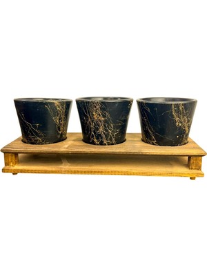 Frefly Store Bitki Tasarımı Ev Dekorasyon Aksesuar Siyah Gold Mermer Efektli Toprak Saksı Üçlü Ahşap Tabanlı Çiçeklik Saksı Saksılık