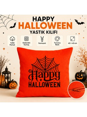 Tişört Kodu Happy Halloween Örümcek Ağı Baskılı Turuncu Gabardin Yastık Kılıfı – Cadılar Bayramı