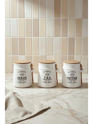 Frefly Store Porsima Modern 3'lü Kaşıklı Kavanoz Seti Bone Porselen Mutfak Tezgah Organizeri Beyaz