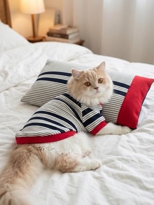 Frefly Store Yacht Club Marin Çizgili Kedi Uyku Takımı | Lacivert Kırmızı Pamuklu Kedi Tulumu ve Mini Yastık