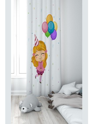 Frefly Store Pelangi Beyaz Fon Balonları Tutan Mutlu Kız Desenli Dijital Baskı Yıkanabilir Bebek Çocuk Odası Fon Perdesi, Turuncu-Beyaz 140 x 200