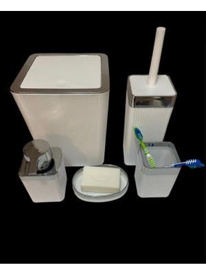 Frefly Store Modern 5 Parça Banyo Seti, Oluklu Beyaz Tasarım, Sıvı Sabunluk, Diş Fırçalık, Banyo Aksesuarları
