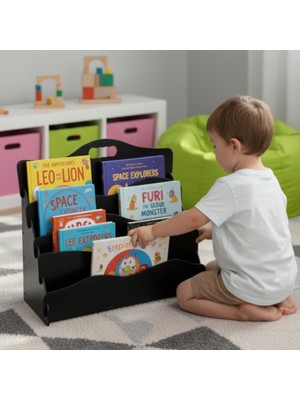 Frefly Store Carry Montessori 4 Raflı Dalgalı Ahşap Mini Kitaplık – Çocuk Odası Kitaplık (Siyah)