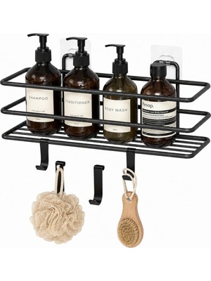 Frefly Store Alper Banyo Siyah Yapışkanlı Banyo Rafı, 2 Kancalı Duvar Tipi Banyo Organizer, Şampuanlık ve Aksesuar Rafı, Delmeden Kolay Kurulumlu Metal Banyo Düzenleyici