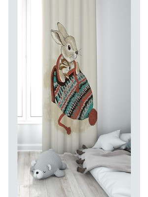 Frefly Store Pelangi Krem Tavşan Desenli Dijital Baskı Yıkanabilir Bebek Çocuk Odası Fon Perdesi, Bej-Yeşil 140 x 240