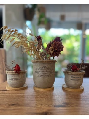 Çiçeva 3'lü Bohem (Retro) Saksı Seti + Kuru Çiçekler