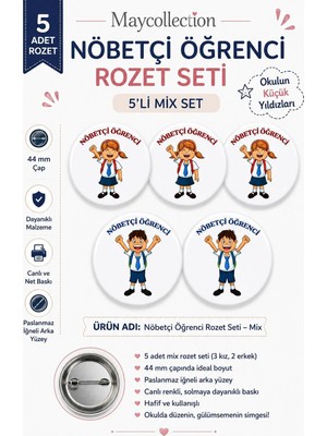 Nöbetçi Kız-Erkek Mıx Öğrenci Okul Rozet Seti Ceket-Çanta-Kalemlik Rozeti  (44MM) 5 Adet