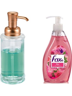Frefly Store Bosphorus Homi Bakır Renk Pompalı Cam Sıvı Sabunluk ve 1 Adet 400 ml Sıvı Sabun Gül Kokulu