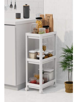 Frefly Store Mithra Life 3 Katlı Hazneli Tekerlekli Beyaz Mutfak Banyo Rafı Pg MIT1214