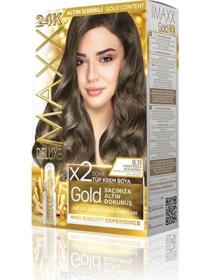 Frefly Store Maxx Deluxe Gold Serisi 24K Altın Parçacıklı Serum ile 1 Kutu 2 x 50 ml ve Geliştiriciler Saç Boyası (Yoğun Küllü Açık Kumral 8.11)