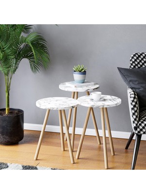 Frefly Store Intergo-Üçlü Zigon Sehpa Ahşap Ayaklı Yuvarlak Mermer Desenli Tasarım (Beyaz Mermer)