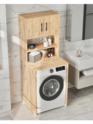 Frefly Store Reyo Enda Home Çamaşır Makinesi Dolabı 3 Raflı Kapaklı Banyo Dolabı Atlantik Çam