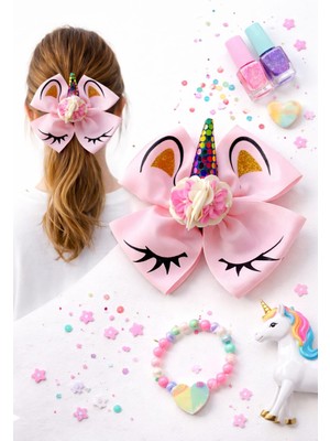 Frefly Store Pembe Unicorn Saç Tokası, Pullu Boynuz Detaylı, Çiçek Süslemeli, Kız Çocuk Saç Aksesuarı