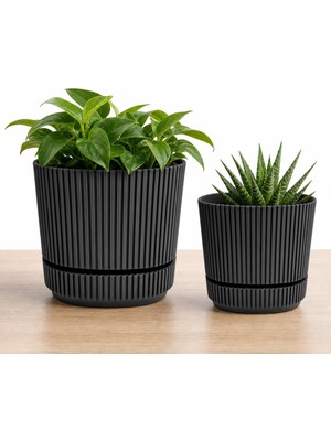 Frefly Store Pera Kare Saksı Seti 2,3 Litre + 4,6 Litre, Iç Mekan - Dış Mekan 2li Ekonomik Tabaklı Saksı Set Antrasit Renk