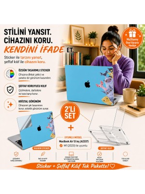 Frefly Store Mcstorey MacBook Air 13 Inç M1 A2337 Şeffaf Kılıf, Kristal Hard Case 3'lü Premium Koruma Seti, 3m Cats Tasarım Sticker + Usb-C USB Adaptör, Ince Hafif Darbe ve Çizilme Korumalı, Tam Uyum Açık Yeşil