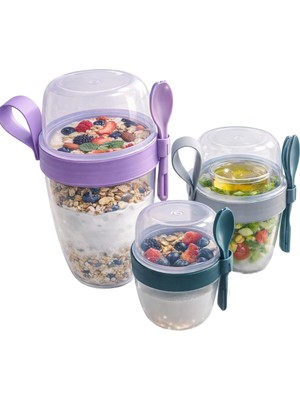 Frefly Store Beylini 3 Lü Set Taşınabilir Kaşık+Çatal Kapaklı Yoğurt Müsli Granola Yemek Diyet Saklama Kabı Take And Go Bardak Kahvaltı Salata Hazırla Çık