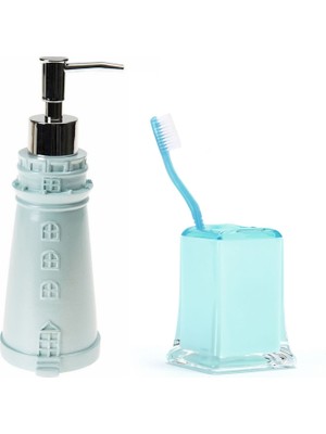Frefly Store Sıvı Sabunluk,diş Fırçalık 2 Li Banyo Seti,deniz Feneri ve Buz Mavi