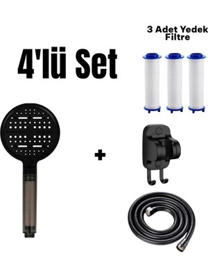 Frefly Store 4'lü Set 6 Fonksiyonlu Filtreli Duş Başlığı +3 Adet Yedek Filtre+ 150 cm Duş Hortumu + Siyah Yapışkanlı Askı Aparatı