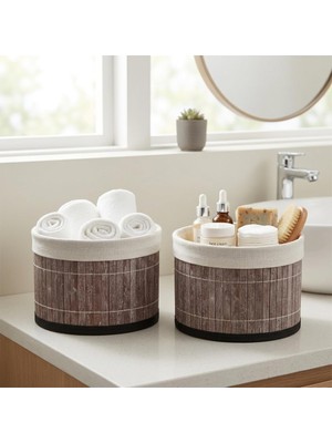 Frefly Store Deconox Yuvarlak Bambu Düzenleyici ve Saklama Sepeti – Çok Amaçlı Banyo, Makyaj ve Ofis Organizeri, Kumaş Astarlı Dekoratif Silindir Kutu (18X13 Cm, Gri) (2 Adet)