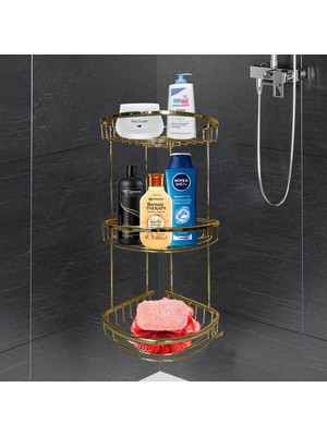 Frefly Store Banyo Duş Rafı Şampuanlık Köşelik Damla Gold Altın 3 Katlı Malzemelik Organizer Düzenleyici Mutfak Eşya Rafı