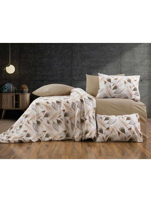 Frefly Store Lüks%80 Pamuklu Çift Kişilik Nevresim Takımı Seti Yorgan Kılıfı Krem Yaprak Desen 200X220 cm + Lastikli Battal Boy Çarşaf 180X200X30 cm +2 Yastık Kılıflı 50X70 cm