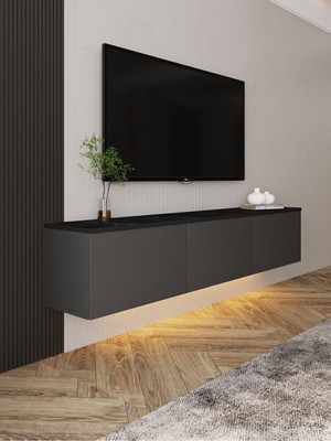 Frefly Store Inarch Dizayn Neon LED Işıklı Duvara Monte, 3 Kapaklı Tv Sehpası – 160 cm - Modern Tasarım, Antrasit(Mermer Desen)