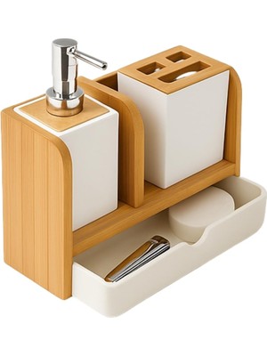 Frefly Store Çekmeceli Banyo Seti – Ahşap Sabunluk, Diş Fırçalık, Sıvı Sabunluk ve Çok Amaçlı Düzenleyici