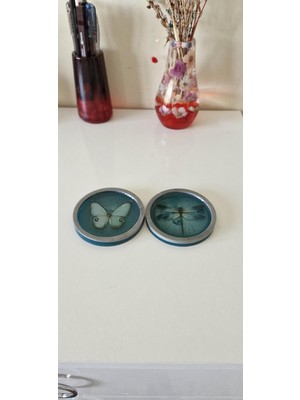 Frefly Store Yusufçuk ve Kelebek Desenli Bardak Altlığı, Teal Renk, Reçine, 2'li Set