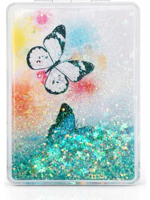 Frefly Store Kelebek Desenli Sulu Glitter Kapaklı Kompakt Cep Aynası, Çift Taraflı, Taşınabilir Makyaj Aynası