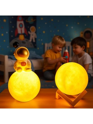 Frefly Store Işık Kasabası(25) Ay Üzerinde Oturan Astronot ve 3D Stantlı Küre Düşünen Astronot ve LED Ay Gece Lambası Sarı