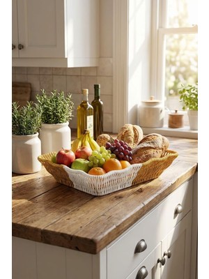 Frefly Store Buffer Dikdörtgen Çift Renkli Plastik Rattan Sepet, Ekmek ve Meyve Sepeti, Çok Amaçlı Banyo ve Mutfak Düzenleyici, 28X22X7 Cm, 3 Parça