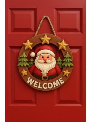 Frefly Store Yuvarlak Yıldızlı Noel Babalı Yılbaşı Ahşap Kapı Yılbaşı Süsü Yılbaşı Temalı Hediyeler (23-23 Cm)