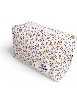Frefly Store Fulia Elegance Makyaj Çantası | Makeup Bag | Kapitone Bakım Seyahat Kozmetik Çantası (Beyaz-Sarı)