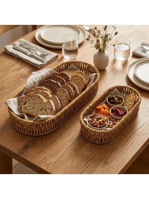Frefly Store Deinhaus Oval Hasır Örgü Dekoratif Sepet Tepsisi, Doğal Renk, 2'li Set, Büyük 28X10X5 Cm, Küçük 24X9X5 cm