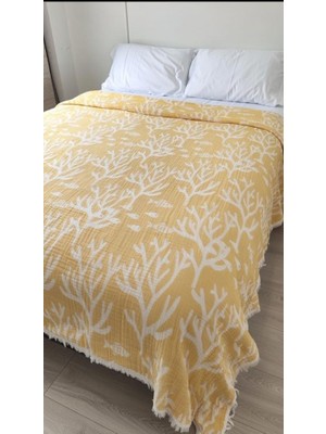 Frefly Store Mercan Desen 4 Katlı Müslin Pike Yatak Örtüsü Battal Boy 240X260 cm Hardal