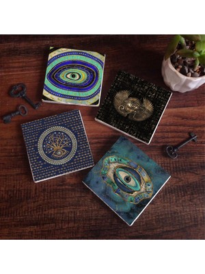 Frefly Store Pinecone Stone Nazar, Horus'un Gözü Taş Bardak Altlığı Seti - 4 Parça - Dekoratif, Rustik Mutfak Aksesuarı, 10X10 Cm, Kaydırmaz Tabanlı, Şık ve Dayanıklı SC190