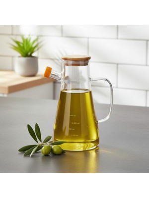 Frefly Store Deconox 1 Adet 900 ml Bambu Kapaklı Borosilikat Cam Yağlık ve Sirkelik, Isıya Dayanıklı ve Ölçekli Tasarım, Damlatmaz Ağızlı Modern Mutfak Sosluk Şişesi