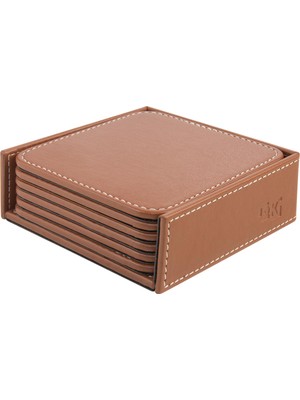Frefly Store Bardak Altlığı,6’lı Set,masaüstü Kare Cup Coaster,vegan Suni DERI,11X11 Cm.,taba