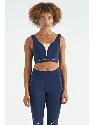 Frefly Store Indigo Yazı Baskılı Renk Bloklu Dar Kalıp Dalgıç Kumaş Kadın Büstiyer - 97271