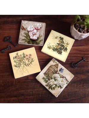 Frefly Store Pinecone Stone Vintage Çiçek, Kelebekli Çiçek Taş Bardak Altlığı Seti - 4 Parça - Dekoratif, Rustik Mutfak Aksesuarı, 10X10 Cm, Kaydırmaz Tabanlı, Şık ve Dayanıklı SC292