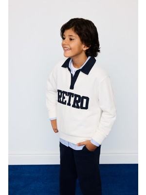Frefly Store Defacto Oversize Geniş Kalıp Polo Yaka Baskılı Selanik Kumaş Sweatshirt Erkek Çocuk G4386A825WN