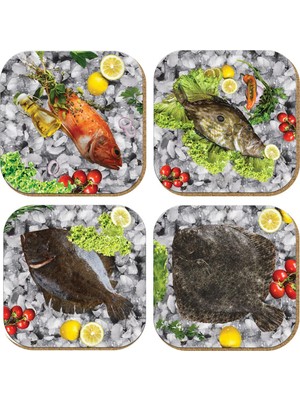 Frefly Store Pictor Gift Hediyelik Metal Mantar Tabanlı Fish Story Balıklı 4'lü Bardak Altlığı Seti