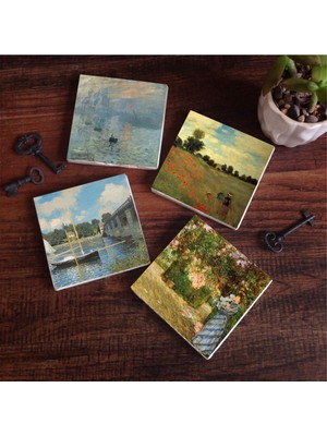 Frefly Store Pinecone Stone Claude Monet Bahçede, Argenteuil'de Köprü, Gelincikler, Izlenim Gün Doğumu Taş Bardak Altlığı Seti - 4 Parça - Dekoratif, Rustik Mutfak Aksesuarı, 10X10 Cm, Kaydırmaz Tabanlı SC480