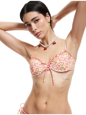 Frefly Store Koton x Sibil Çetinkaya - Pötikareli Limon-Kiraz Baskılı Fırfırlı Balenli Bikini Üstü