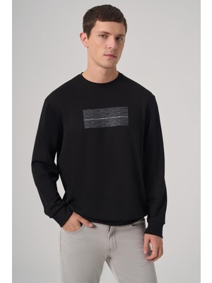 Frefly Store Morven Erkek Siyah Trend Baskılı Bisiklet Yaka Sweatshirt