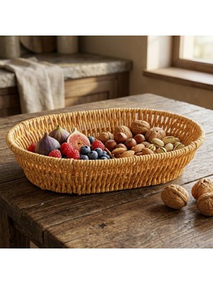 Frefly Store Deconox El Yapımı Doğal Hasır Sepet - Oval Ekmeklik ve Çok Amaçlı Düzenleyici (25,50X18X6 Cm)