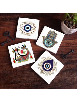 Frefly Store Pinecone Stone Nazar, Şahmeran, Fatma Ana Eli (Hamsa) Taş Bardak Altlığı Seti - 4 Parça - Dekoratif, Rustik Mutfak Aksesuarı, 10X10 Cm, Kaydırmaz Tabanlı, Şık ve Dayanıklı SC404